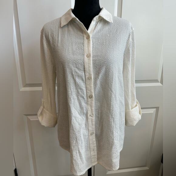 Anthropologie's Porridge Creamy White Ribbed-Like Textured Collar Button Down - Picture 2 of 9